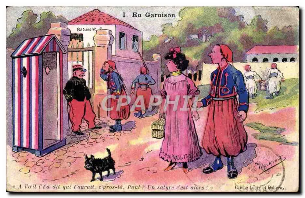 En Garnison — Scène de camp militaire avec soldats et civils — Éditeur Gliché Loubry et Balleroy - Frente