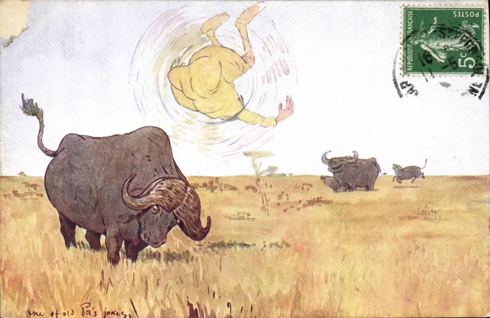 Búfalos e brincadeiras de antigos — desenho humorístico — editor B.K.W.I. n° 954-2 - Frente