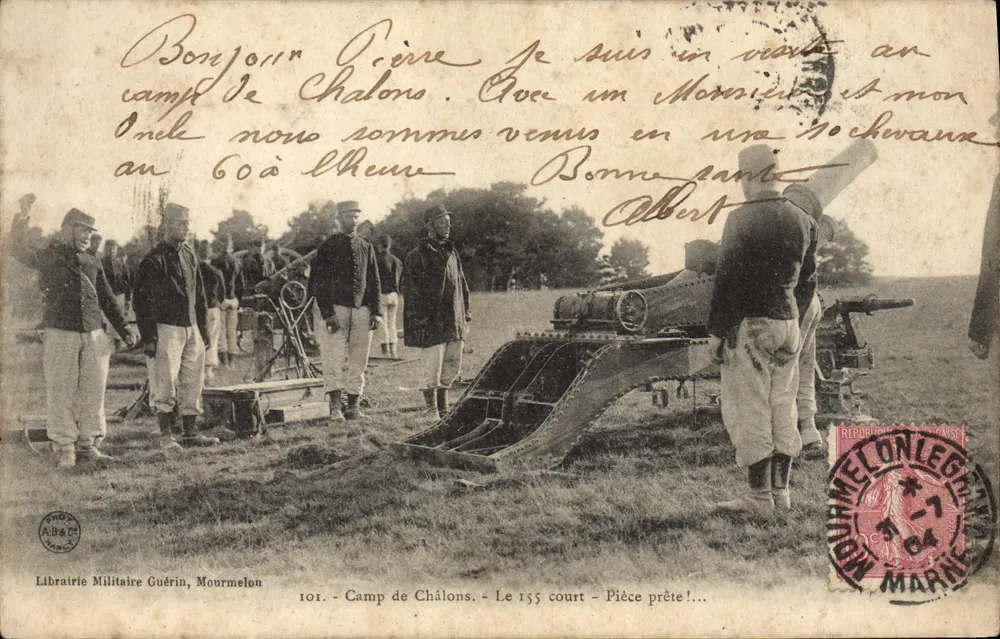 Camp de Châlons — 155 court-Geschütz bereit — Librairie Militaire Guérin, Mourmelon - Vorderseite