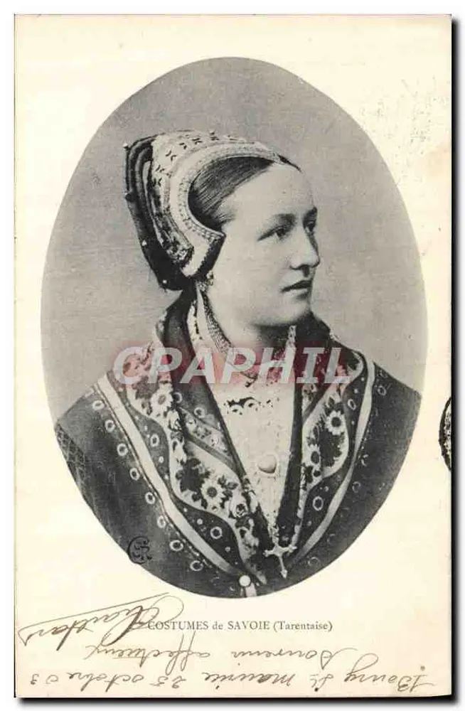 Trajes de Savóia (Tarentaise) — mulher em traje tradicional — editor não identificado, número de série não visível - Frente