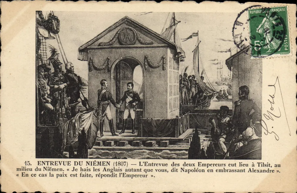 Begegnung am Niémen (1807) — Die Begegnung der beiden Kaiser in Tilsit mitten am Niémen — Verlag nicht sichtbar, Seriennummer 15 - Vorderseite