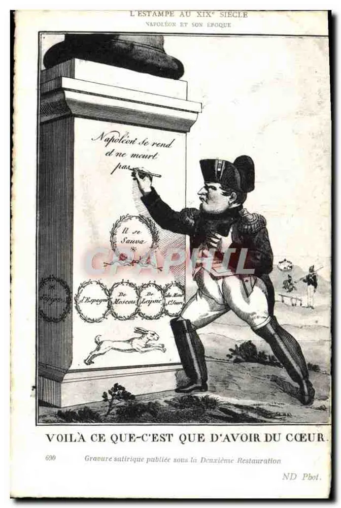 Napoleone si arrende e non muore — Incisione satirica della Seconda Restaurazione — ND Pbot. n°690 - Recto