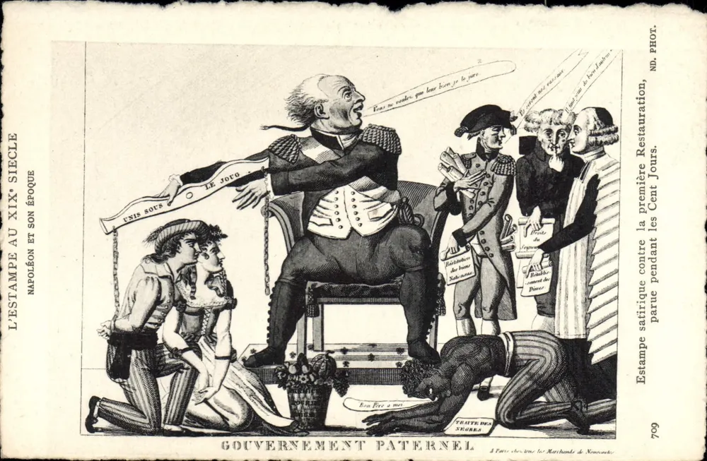 Napoleon und seine Zeit — Paternalistischer Staat — Satirische Lithografie gegen die erste Restauration, erschienen während der Hundert Tage — Verlag: Neuveu & Frères, Paris - Vorderseite