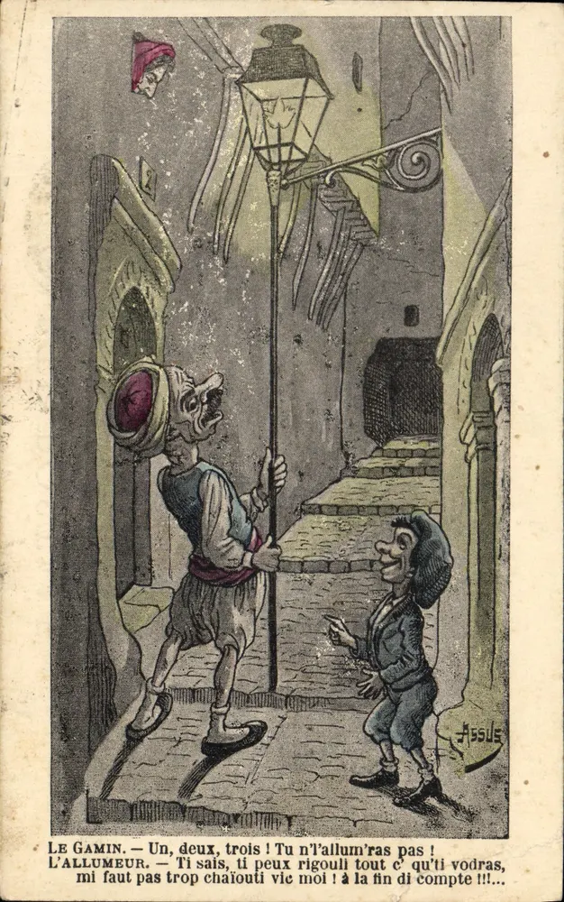 Der Junge und der Laternenmann — Straßenszene mit Laterne — Zeichnung von Assus - Vorderseite