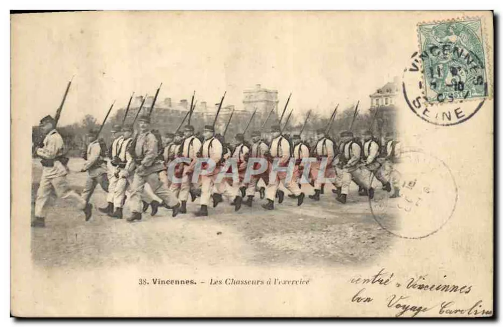 Vincennes - Die Jäger im Übungsmarsch — F. POURCHAT, Paris - Vorderseite