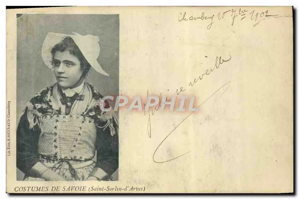Costumes de Savoie — jeune femme en costume traditionnel — Lib. Edht. E. HEYNAULT, Chambéry - Frente