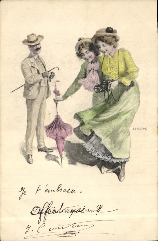 Duas jovens mulheres e um homem — cena de rua — W. BRAYR, série Esporte de Verão - Frente
