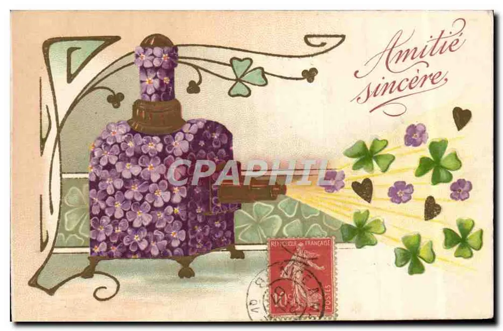 Garrafa decorativa com flores violetas — Amizade sincera — editor não visível - Frente