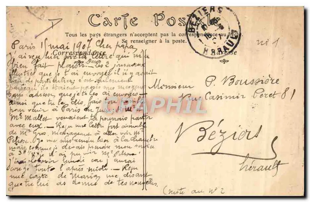 Observatorium von PARIS — Equatorial Photographique — 8. März 1907 - Rückseite