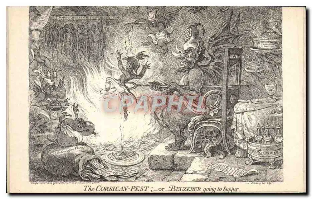Belzébuth am Tisch — satirische Szene mit Dämonen und Inschrift « The CORSICAN-PEST ; or BELZEBUB going to Supper » — Verlag Edith Popperete, 23, rue de la République, Foch, Vichy - Vorderseite