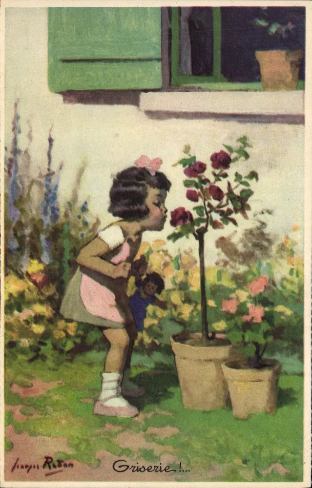 Menina que cheira uma rosa — Griserie! — desenho de François Rodan, série 1939 - Frente