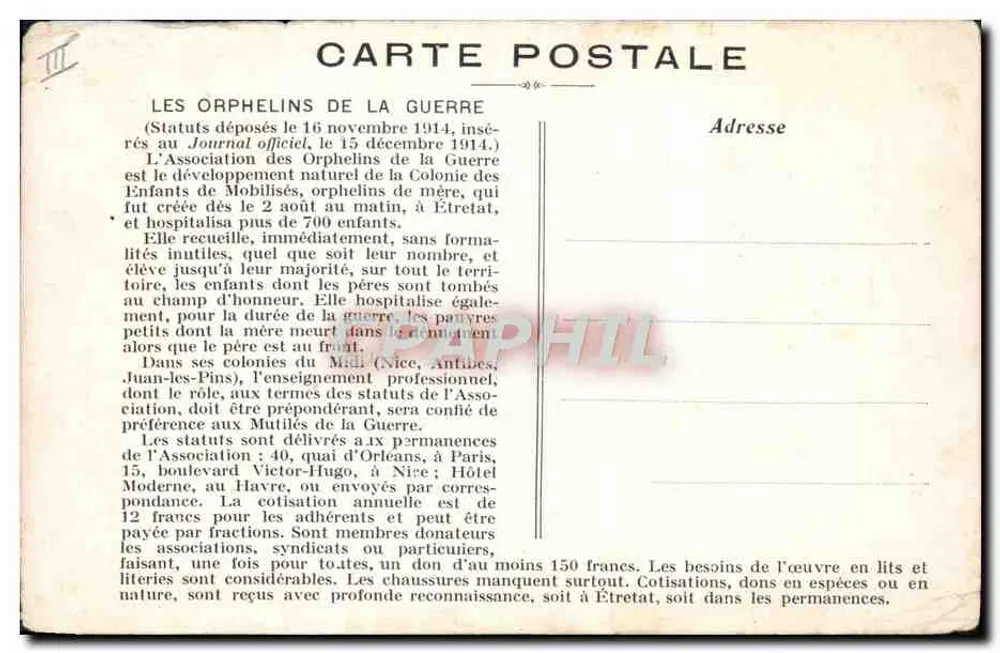 Kolonie der Kinder von Mobilisierten — Mutterlose Kinder in Étretat (Seine-Inférieure) — Verlag: Verein der Kriegswaisen - Rückseite