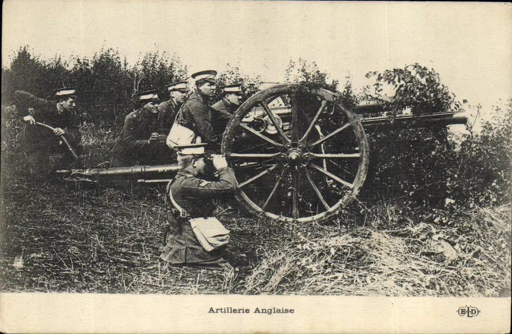 Englische Artillerie — Soldaten manövrieren ein Kanon — Verleger B-D - Vorderseite