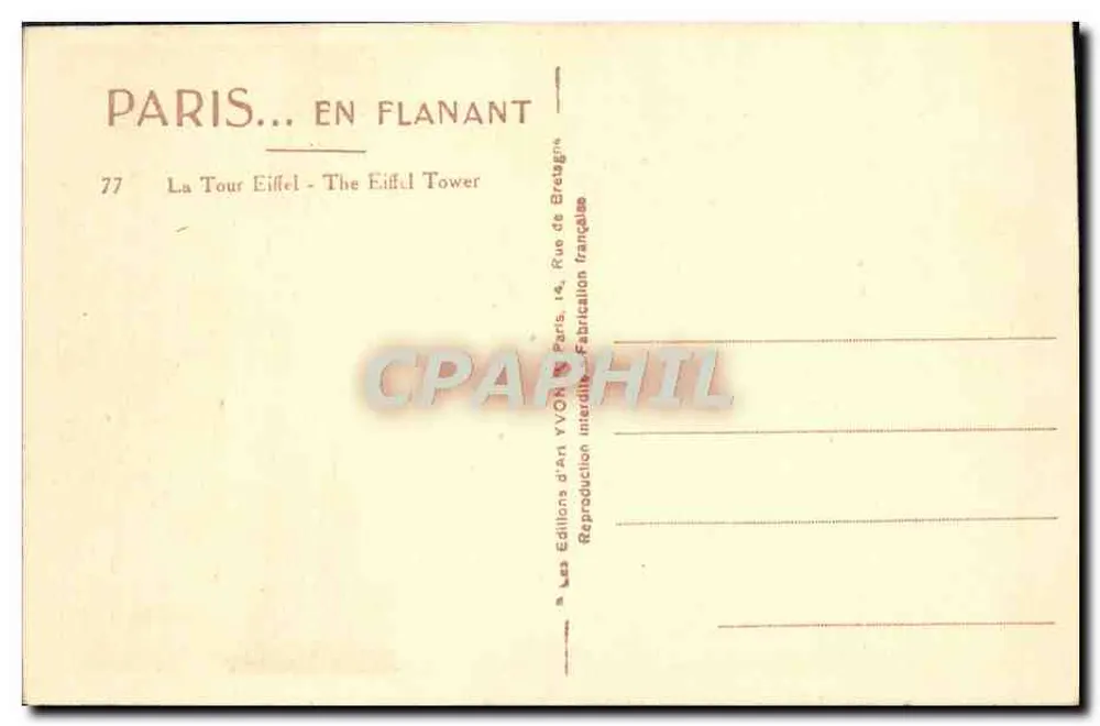 A Torre Eiffel — Paris — Edições d'Art YVON, n°77 - Verso