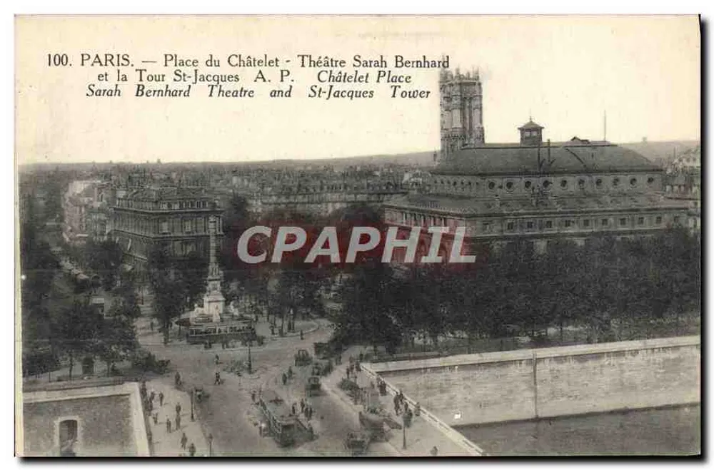 Paris — Place du Châtelet et Théâtre Sarah Bernhardt — Tour St-Jacques - Recto