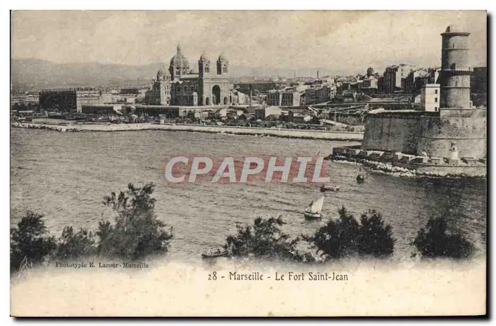 Marselha - O Forte Saint-Jean — vista portuária com igreja e farol — Fototypia E. Lacour - Marselha, n°28 - Frente