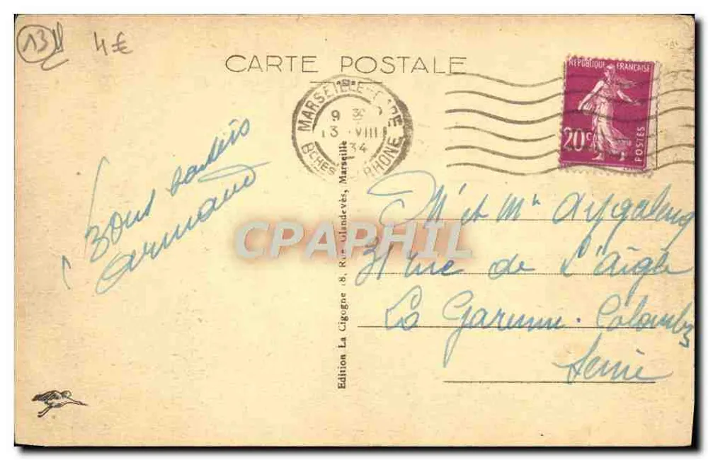 Marseille — Promenade da Corniche — Edição La Cigogne, n° 167 - Verso