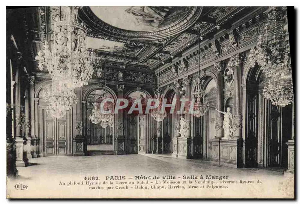 Paris - Rathaus - Speisesaal — Auf der Decke Hymne der Erde zum Sonnen - Die Ernte und die Weinlese. Verschiedene Marmorfiguren von Grauk, Dalou, Chopu, Barrias, Idrac und Falguière. - Vorderseite