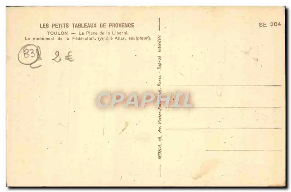 Toulon — Praça da Liberdade — Monumento da Federação, André Allar, escultor - Verso