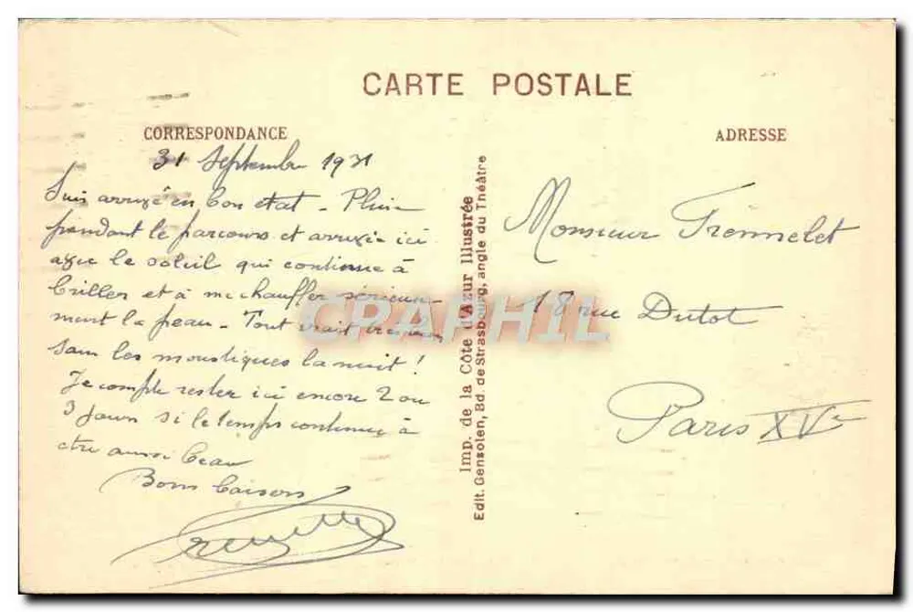 Toulon - Praça da Liberdade — Exposição Internacional de Paris 1925 — Editor: Imp. da Costa do Azul - Verso