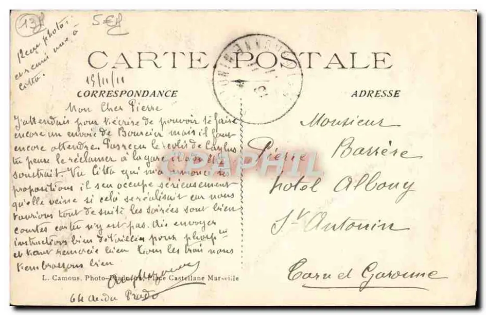 MARSEILLE - Place Castellane - Fontaine Jules Caniini — L. Camous, Fotograf - Rückseite