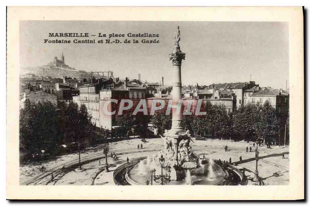 Marseille — Place Castellane, Fontäne Cantini und Notre-Dame de la Garde - Vorderseite