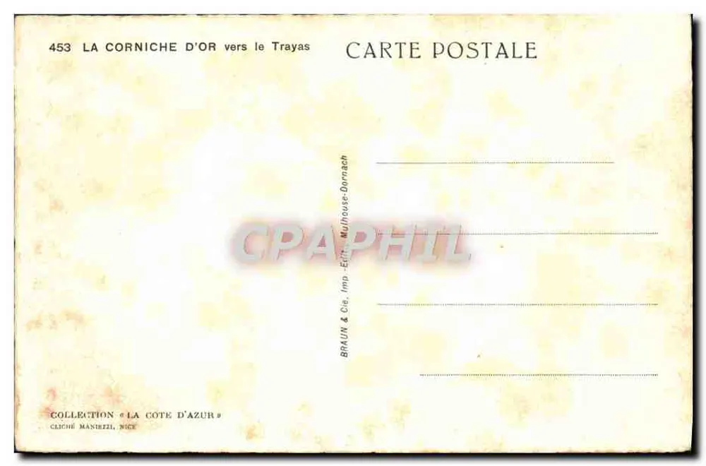 La Corniche d'Or em direção ao Trayas — Coleção La Côte d'Azur — editor Braun & Cie, impresso Mulhouse-Dornach - Verso
