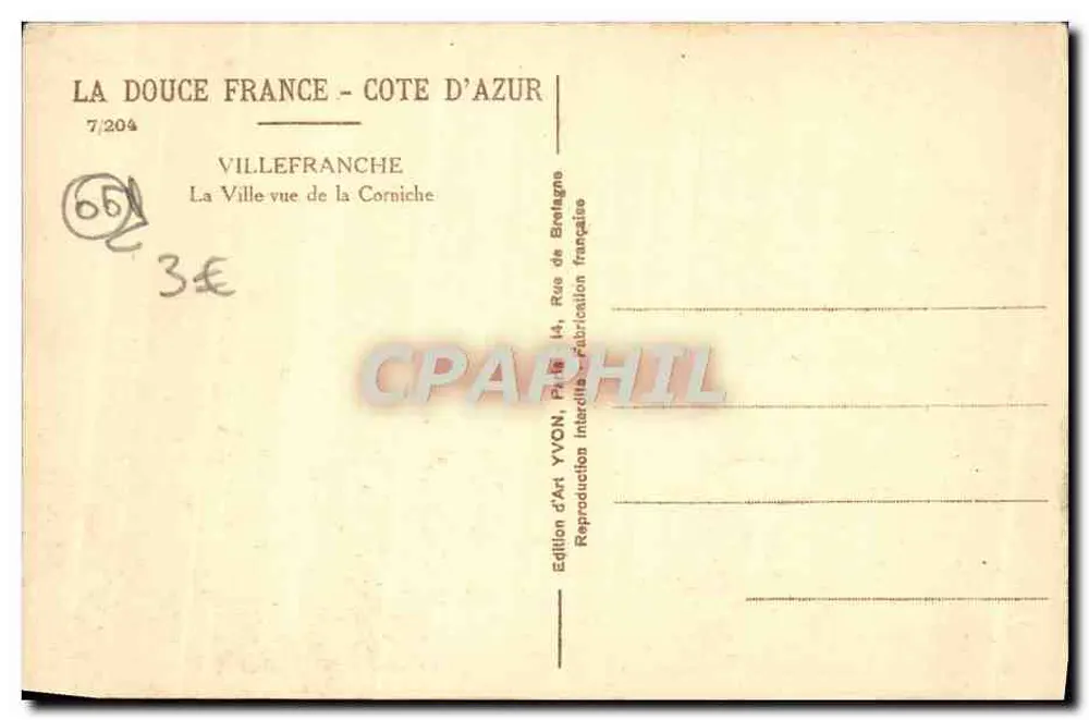 Villefranche-sur-Mer — Ansicht der Corniche — Édition d'Art Yvon - Rückseite