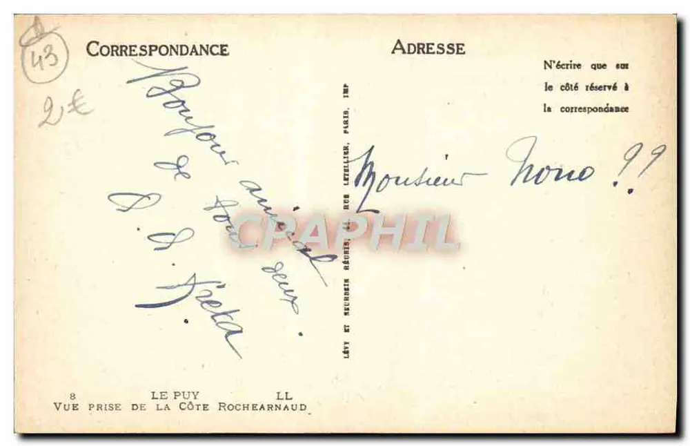 Le Puy — Ansicht vom Côte Rocheardaud — Lévy et Recourier Gérard, Druck Paris - Rückseite
