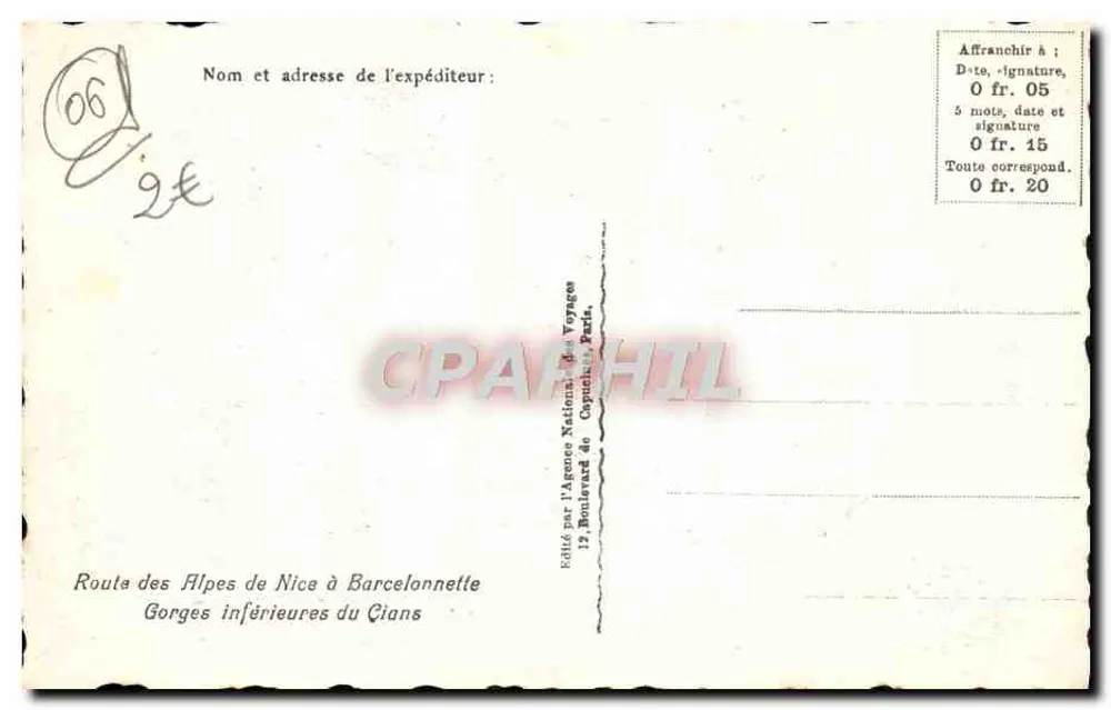 Untere Schluchten des Cians — Route des Alpes von Nice nach Barcelonnette — Verlag: Nationale Reiseagentur, 12 Boulevard de Clichy, Paris - Rückseite
