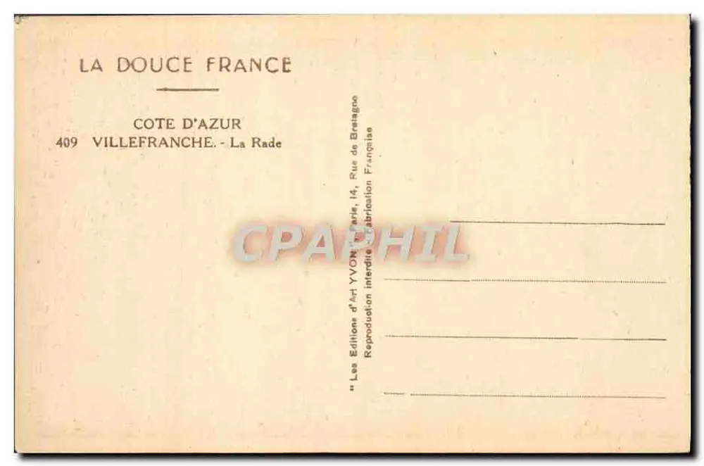 A Baía de Villefranche-sur-Mer — vista portuária com navios — YVON, n°409 - Verso