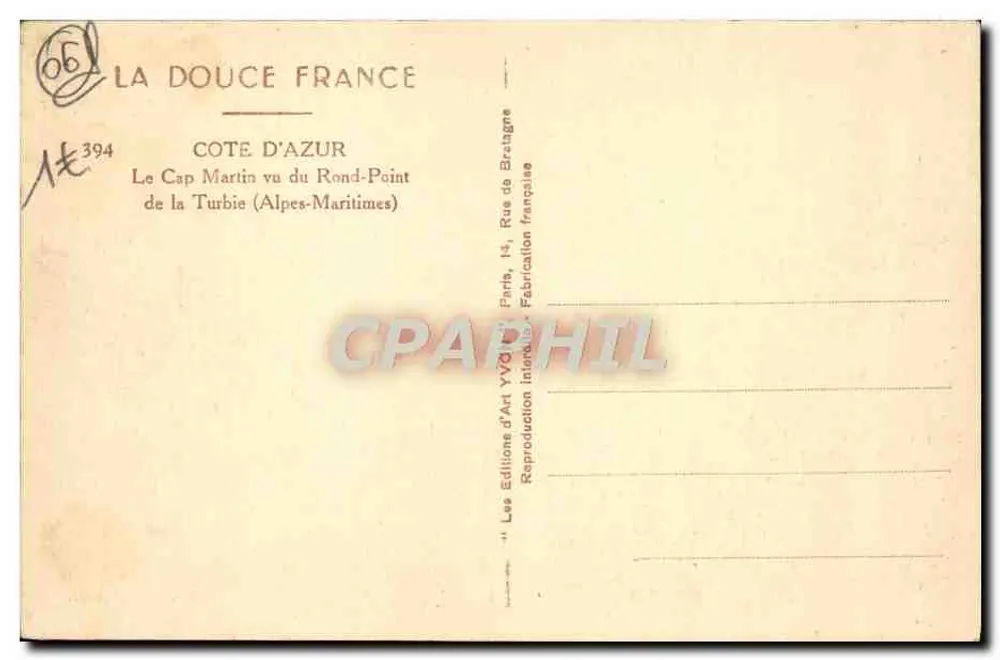 Le Cap Martin von der Rond-Point de la Turbie aus — Côte d'Azur — Éditions d'Art YVQ, Paris - Rückseite