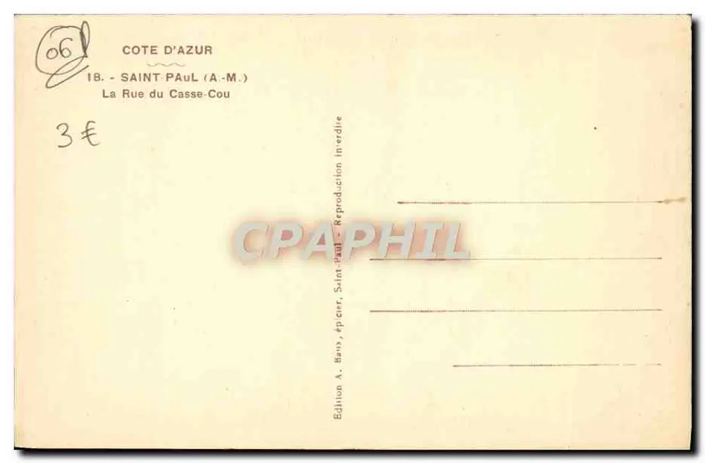 Saint-Paul (A-M.) — Rue du Casse-Cou — Edição A. Bany, ép. err. - Verso
