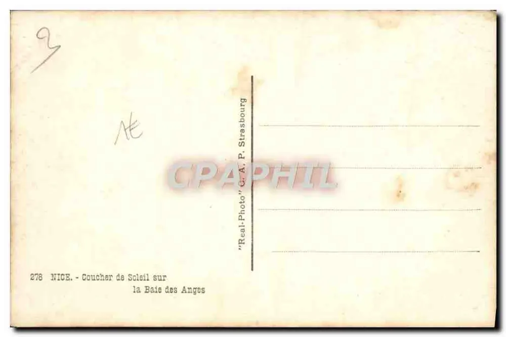 Zachód słońca nad Zatoką Aniołów — NICE — wydawca G.A. P. Strasbourg, nr 278 - Rewers