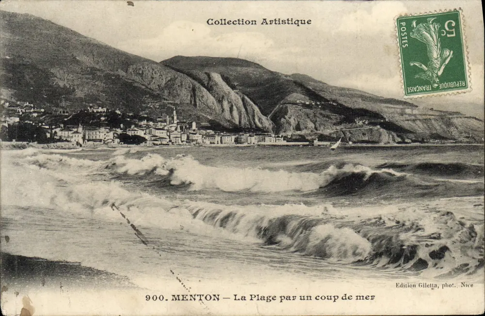 Menton — A Praia sob um ataque do mar — Edição Gilettà, fot. Nice, n° 900 - Frente
