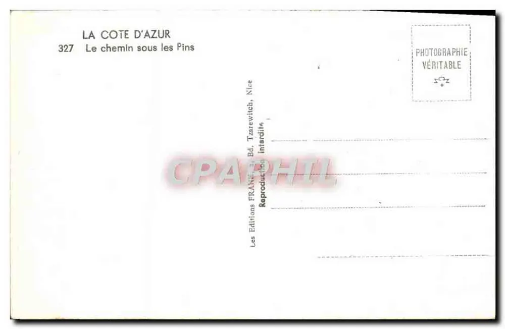 A Costa do Azul — O caminho sob os pinheiros — Les Éditions Frantz, Nice, n°327 - Verso