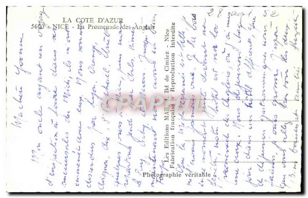 La Côte d'Azur — La Promenade des Anglais — Éditions MAB, Nice - Verso