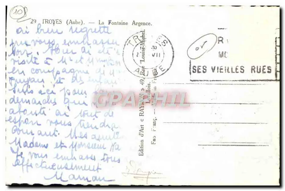 Troyes (Aube) — A Fontaine Argence — Edição de Arte « Raymon » - Verso