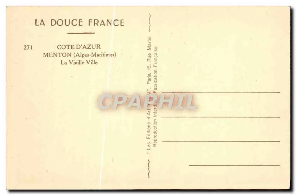 Menton — A Velha Cidade — Les Éditions d'Art 'Yvon' Paris - Verso