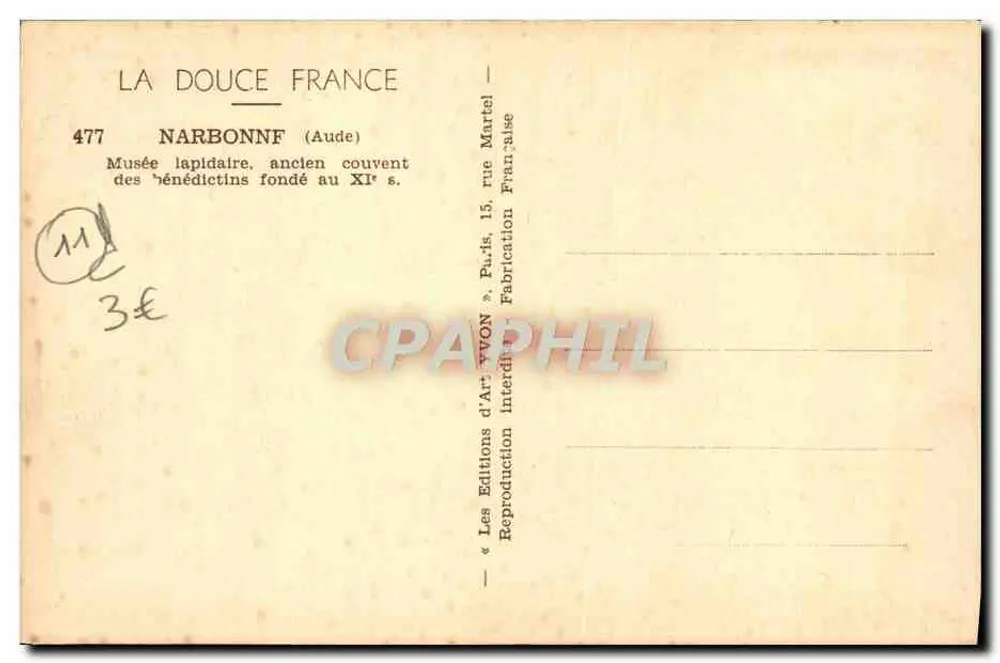 Narbonne (Aude) — Lapidarmuseum, ehemaliges Benediktinerkloster, gegründet im 11. Jahrhundert — Les Éditions d'Art Yvon, Paris - Rückseite