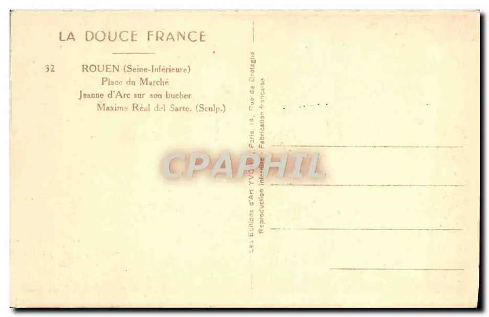 Jeanne d'Arc auf ihrem Scheiterhaufen — Rouen (Seine-Inférieure) — Maxime Réal del Sarte (Sculpteur) - Rückseite