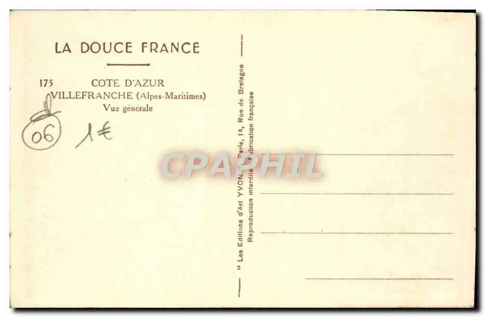 Villefranche-sur-Mer — vista geral — Les Éditions d'Art Yvon, n°175 - Verso