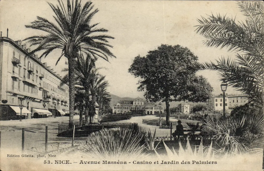 Nice — Avenue Masséna — Casino und Jardin des Palmiers — Edition Gilletta, phot. Nice - Vorderseite