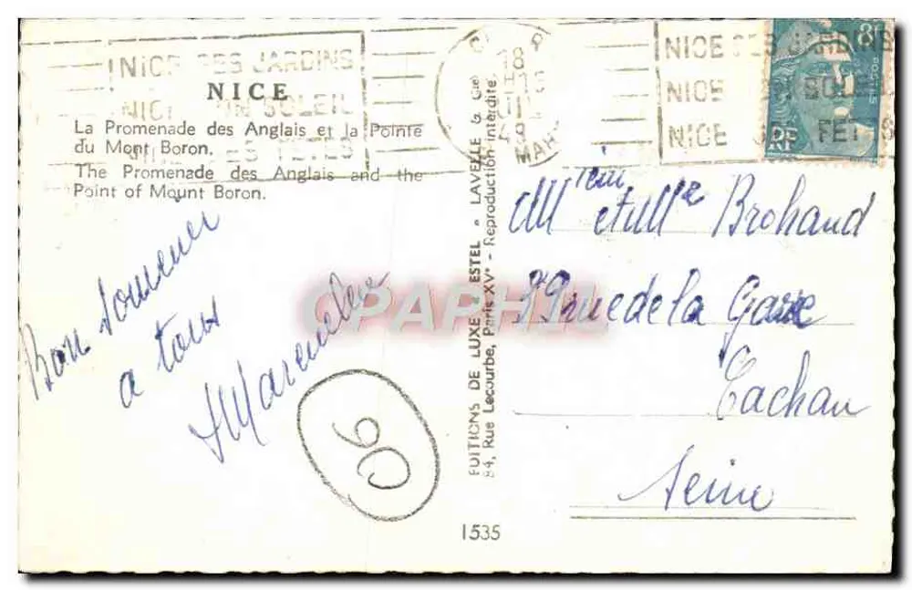 Die Promenade des Anglais und der Punkt Mont Boron — Nice — Verlag Estel, Nr. 1535 - Rückseite