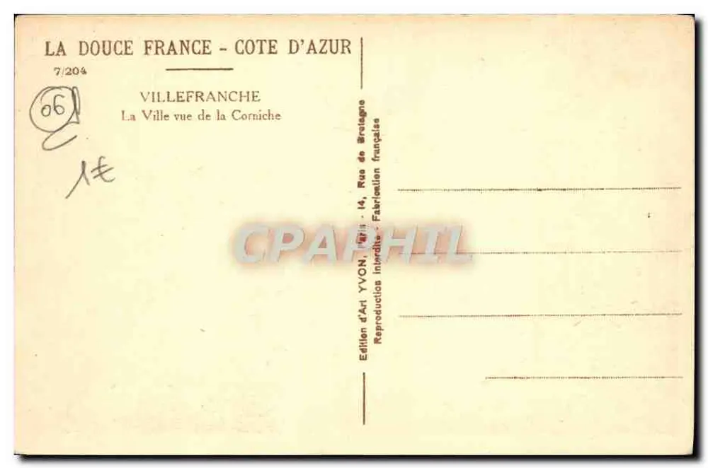 Villefranche - Ansicht der Corniche — Édition d'Art Yvon, Côte d'Azur - Rückseite