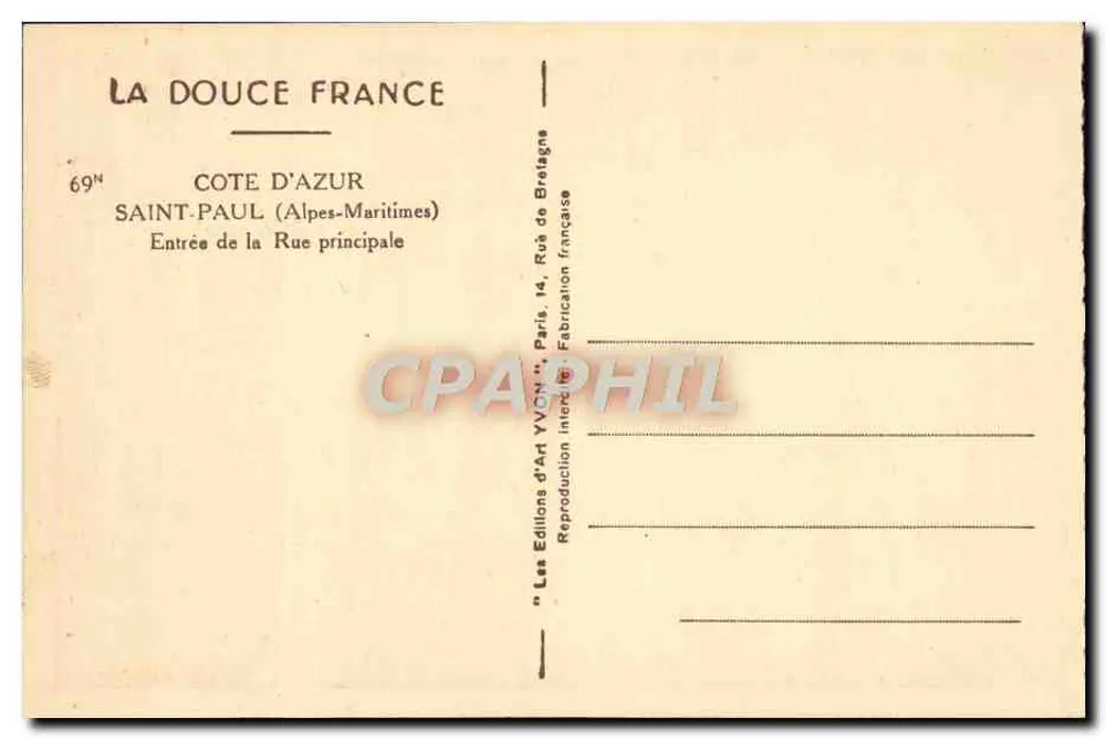 Saint-Paul - Entrada da Rue principal — Côte d'Azur — Éditions d'Art Yvon, n°69 - Verso