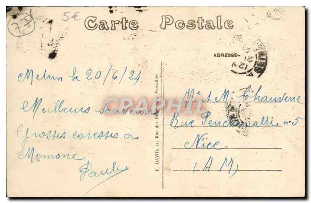Melun — Les Bords de l'Almont — éditeur F. DAVID, Rue des Ranelagh, Versailles - Verso