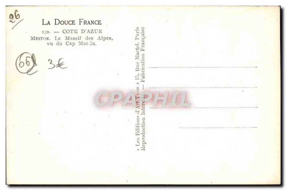Menton. O Massif dos Alpes, visto do Cap Martin — Les Éditions d'Art Xvnn, Paris - Verso