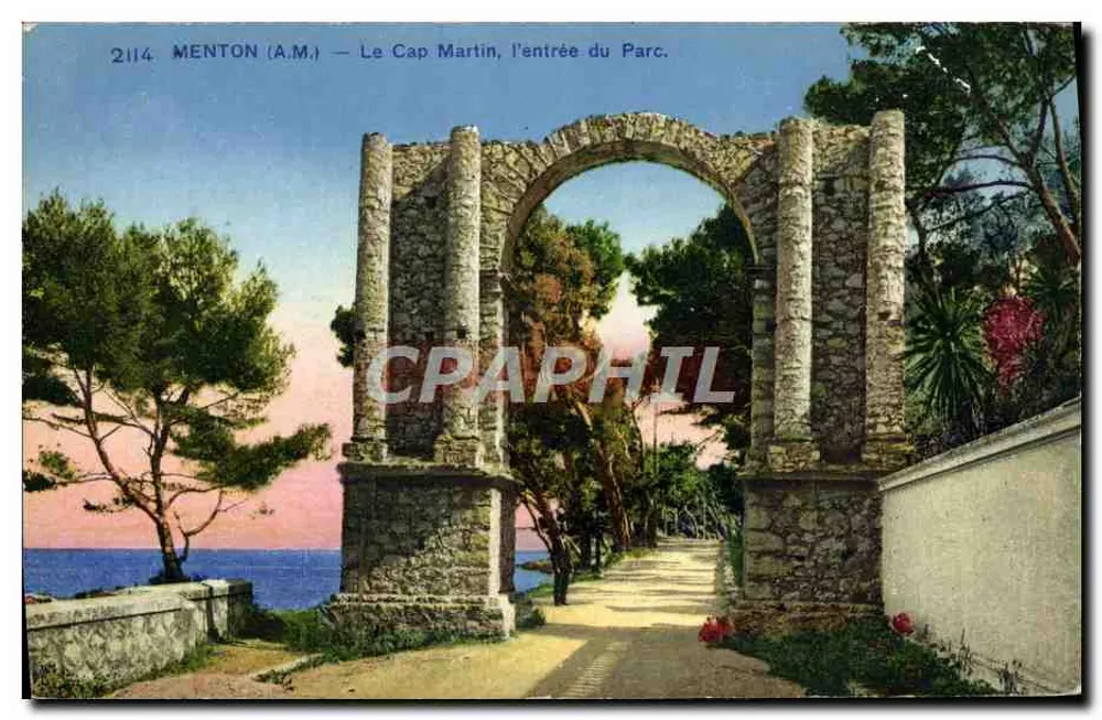 Menton (A.M.) — O Cap Martin, a entrada do Parque. - Frente