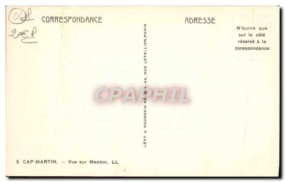 Cap Martin — Vista sobre Menton — Lévy & Neurdein, Paris - Verso